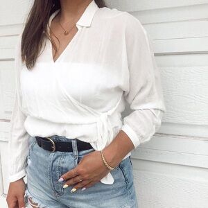 White Linen-like Wrap Top
